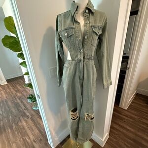 PrettyLittleThing Olive Green Denim Jumpsuit